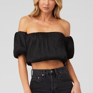 Line & Dot Black Off-Shoulder Puff Sleeve Crop Top